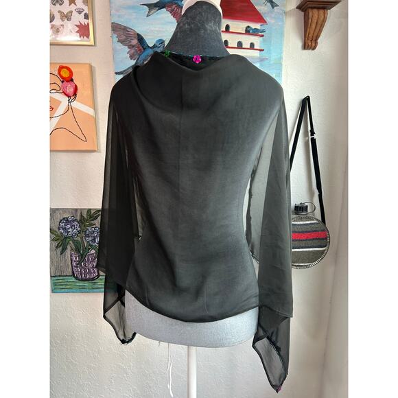 Whimsigoth- Black Sheer Shawl- with blue beaded trim with floral sequin- fairy - Picture 2 of 5